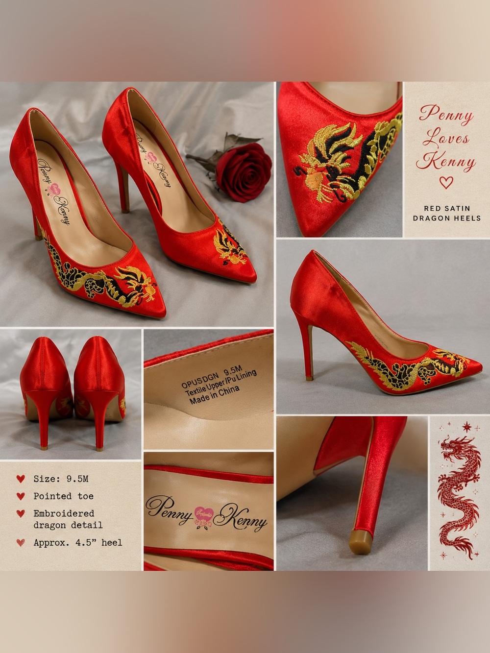 Penny Loves Kenny Red Satin Dragon Embroidered Pointed-Toe Heels